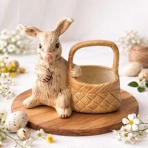 VINTAGE 1980s CERAMIC BUNNY RABBIT PLANTER BASKET COTTAGECORE 6"